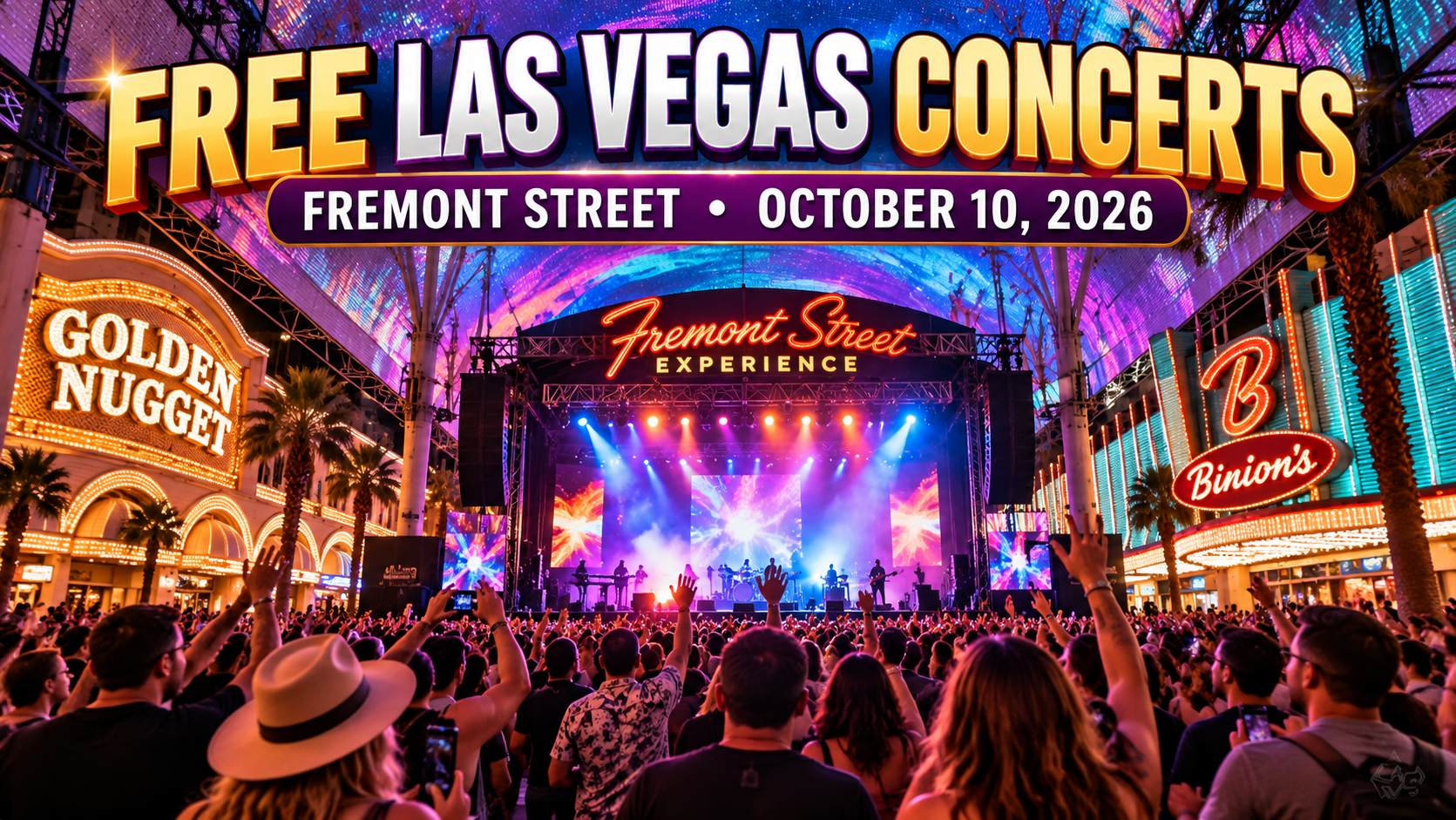 Free Las Vegas concerts at Fremont Street Experience with downtown crowds, colorful stage lighting and live music in October 2026.