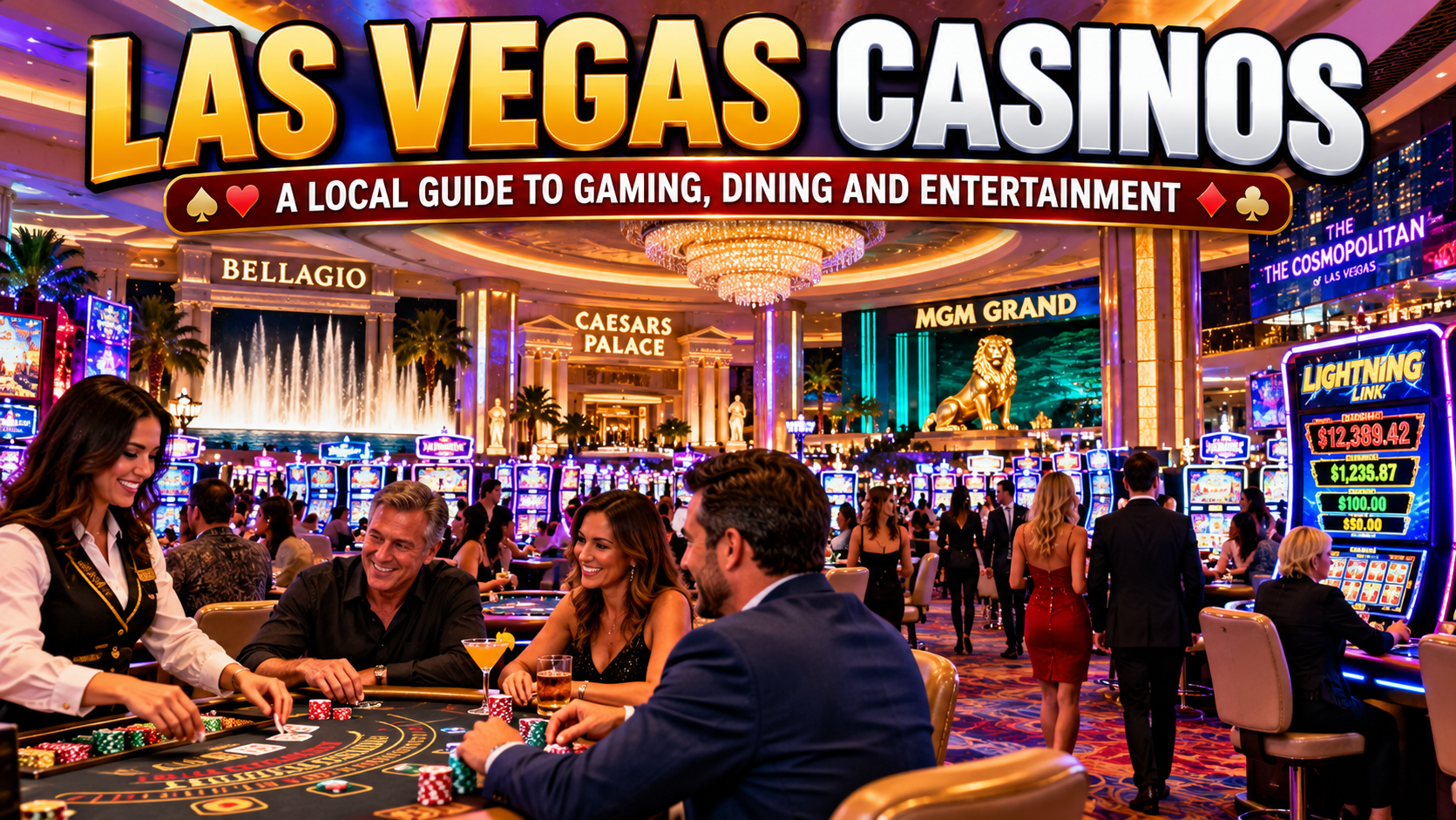 Las Vegas casino table games featuring blackjack cards, roulette wheel, craps dice and electronic gaming tables inside a casino.