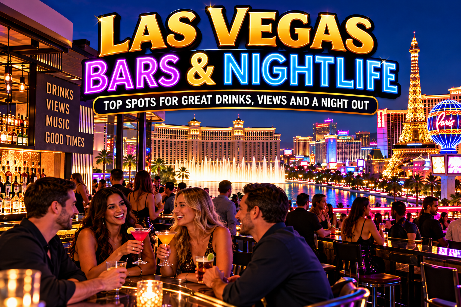 Downtown Las Vegas nightlife with Fremont East neon signs, illuminated cocktail lounges, outdoor patios and evening crowds.