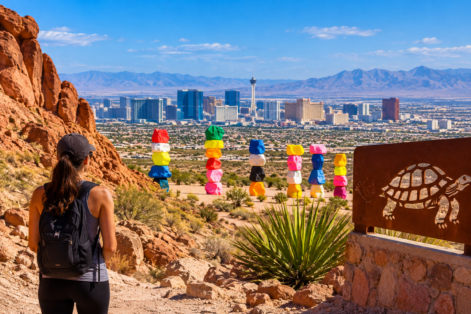 Scenic walking trails, desert vegetation, historic railroad tunnels and natural landscapes representing hidden Las Vegas attractions beyond the Strip.