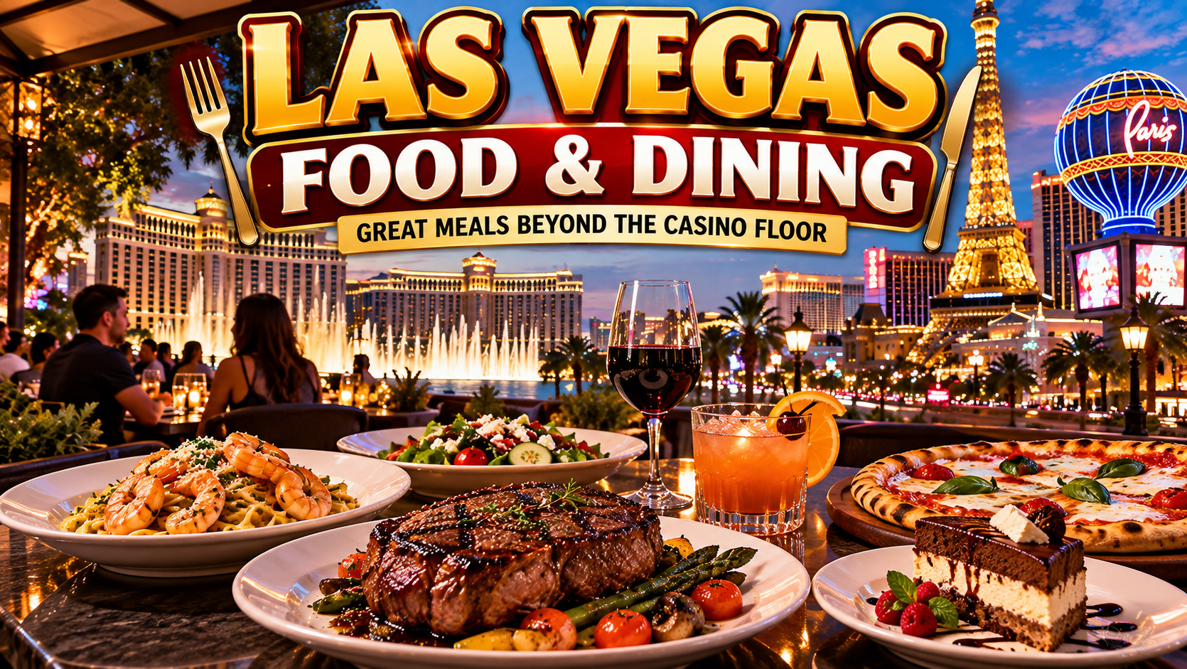 Las Vegas Chinatown restaurants with colorful Asian dishes, ramen, Korean barbecue and illuminated Spring Mountain Road dining storefronts.