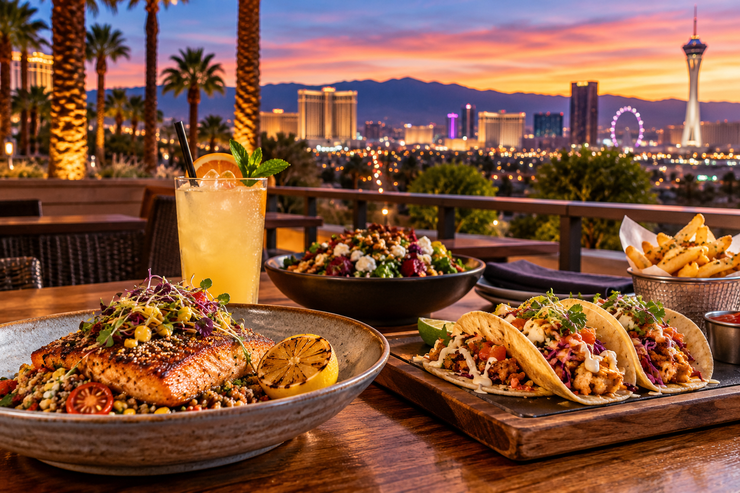 Inviting Las Vegas neighborhood restaurant dining scene featuring freshly prepared dishes, warm lighting, and a welcoming local atmosphere.
